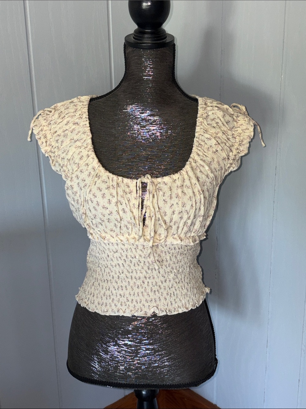 BDG Cream Floral Smocked Tie-Front Crop Top